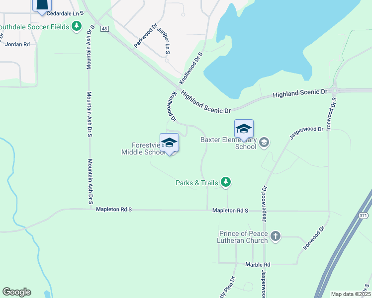 map of restaurants, bars, coffee shops, grocery stores, and more near 12149 Knollwood Drive in Baxter