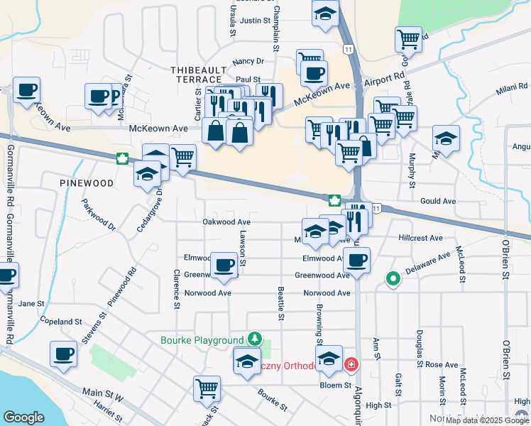 map of restaurants, bars, coffee shops, grocery stores, and more near 342 Oakwood Avenue in North Bay