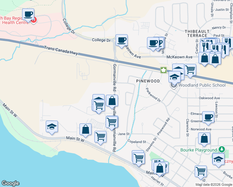 map of restaurants, bars, coffee shops, grocery stores, and more near 659 Gormanville Road in North Bay