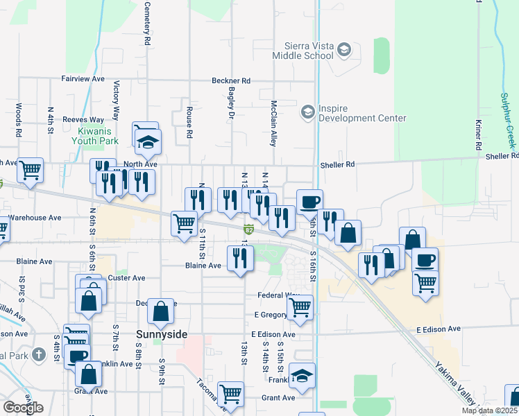 map of restaurants, bars, coffee shops, grocery stores, and more near 1300-1313 Yakima Avenue in Sunnyside