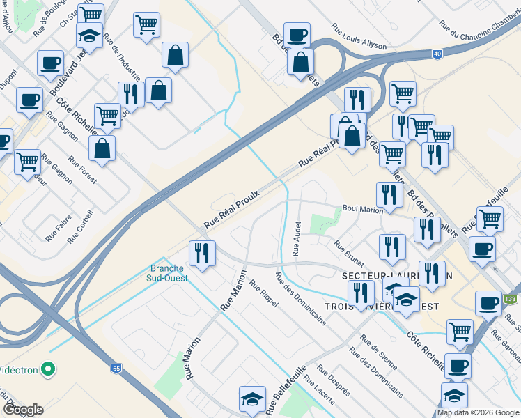 map of restaurants, bars, coffee shops, grocery stores, and more near 5640 Rue Marion in Trois-Riviã¨Res