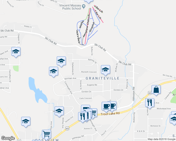 map of restaurants, bars, coffee shops, grocery stores, and more near 138 Macbeth Crescent in North Bay