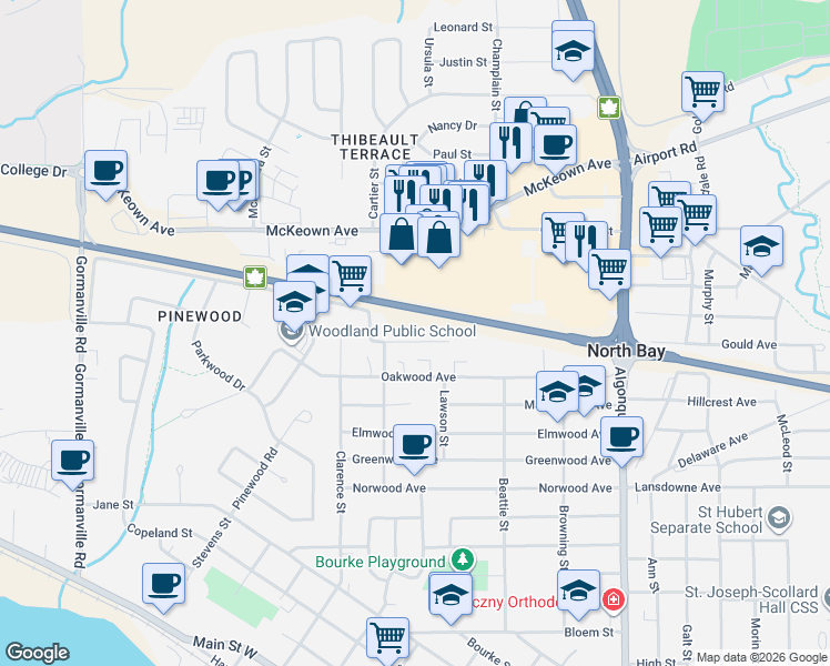 map of restaurants, bars, coffee shops, grocery stores, and more near 636 Tackaberry Drive in North Bay