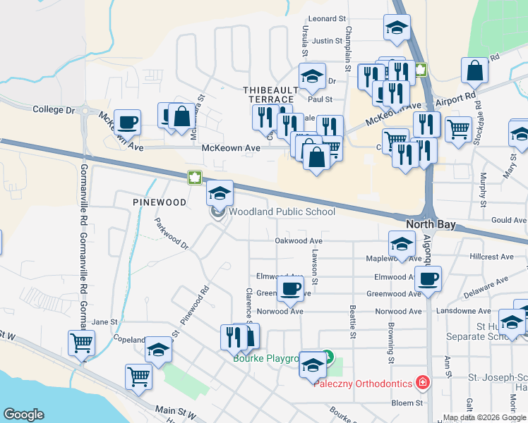 map of restaurants, bars, coffee shops, grocery stores, and more near 671 Tackaberry Drive in North Bay
