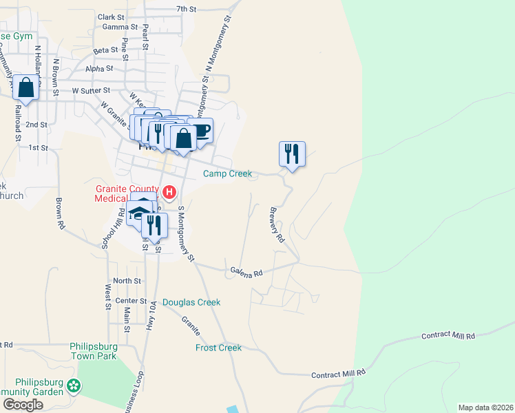 map of restaurants, bars, coffee shops, grocery stores, and more near 416 Caledonia Lane in Philipsburg