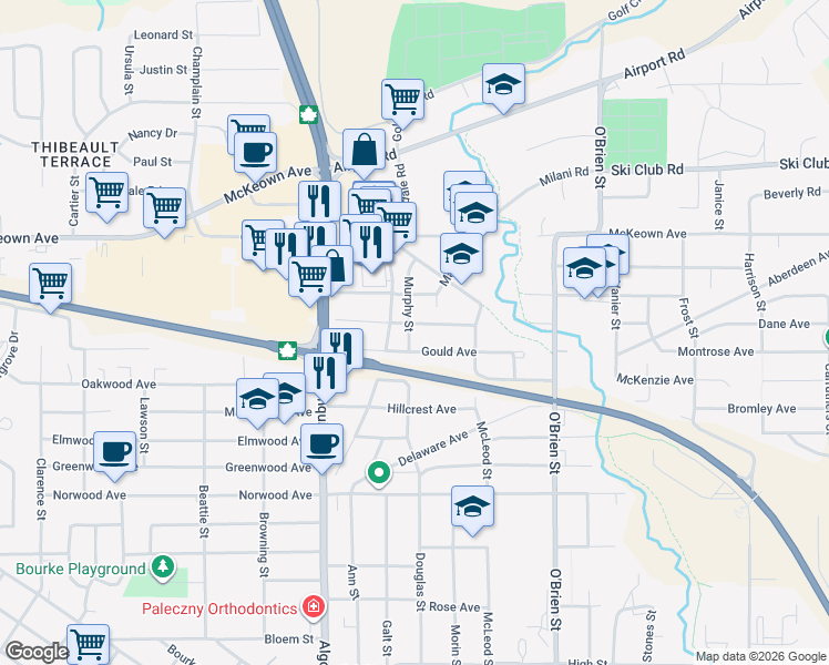 map of restaurants, bars, coffee shops, grocery stores, and more near 1420 Murphy Street in North Bay