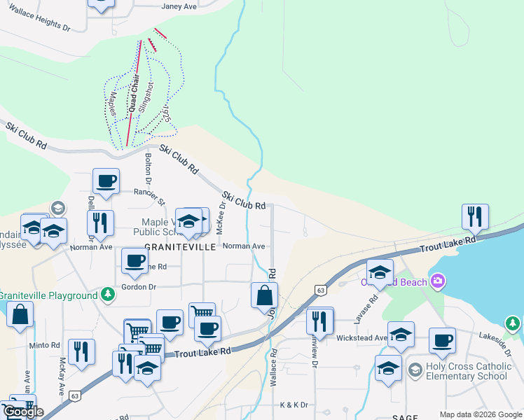map of restaurants, bars, coffee shops, grocery stores, and more near 1260 Ski Club Road in North Bay