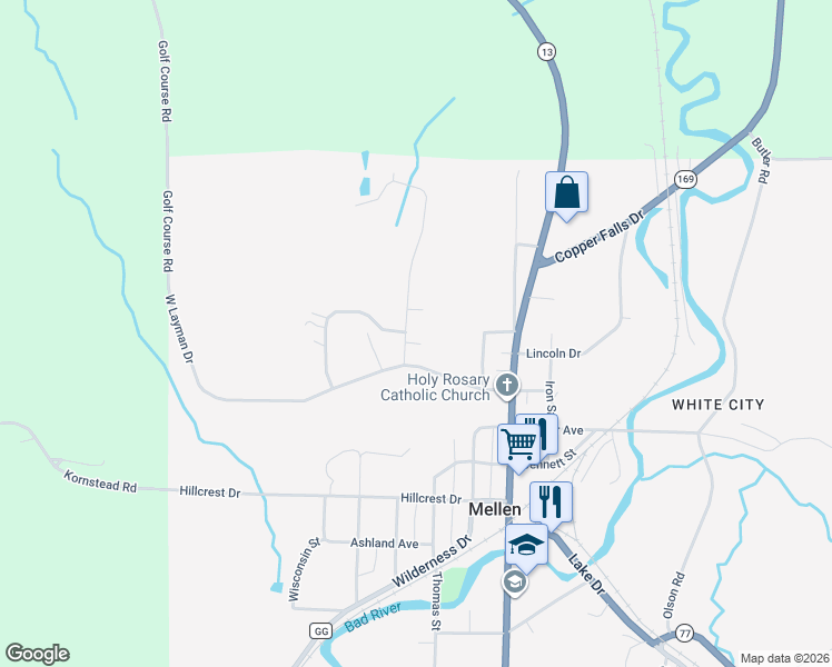 map of restaurants, bars, coffee shops, grocery stores, and more near 102 Ellias Place in Mellen