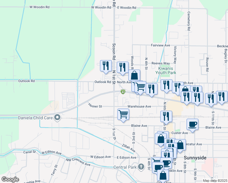 map of restaurants, bars, coffee shops, grocery stores, and more near North 1st Street in Sunnyside