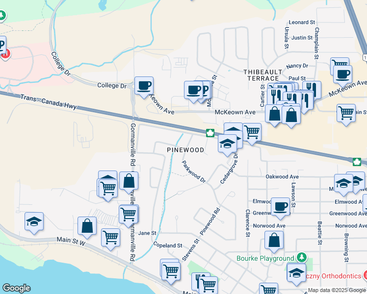 map of restaurants, bars, coffee shops, grocery stores, and more near 876 Maplegrove Drive in North Bay