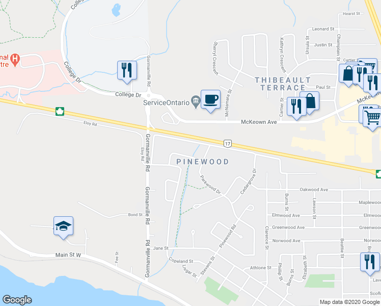 map of restaurants, bars, coffee shops, grocery stores, and more near 876 Maplegrove Drive in North Bay