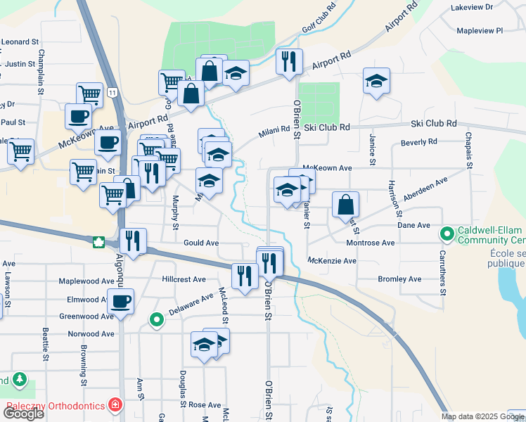 map of restaurants, bars, coffee shops, grocery stores, and more near 223 Ramsey Street in North Bay