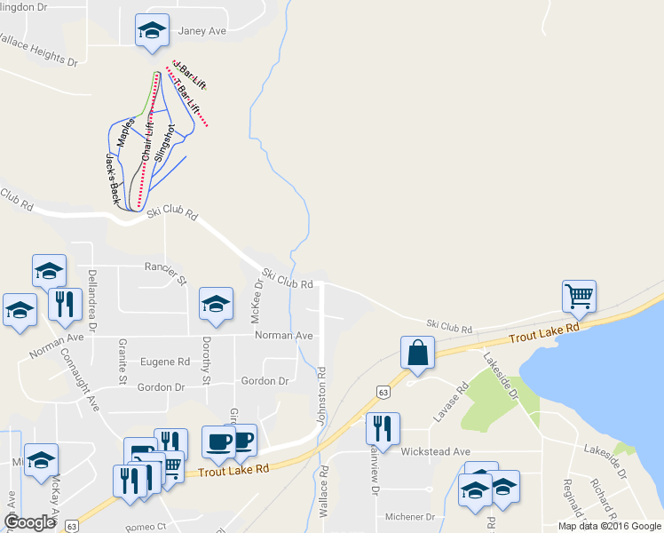 map of restaurants, bars, coffee shops, grocery stores, and more near 1336 Ski Club Road in North Bay