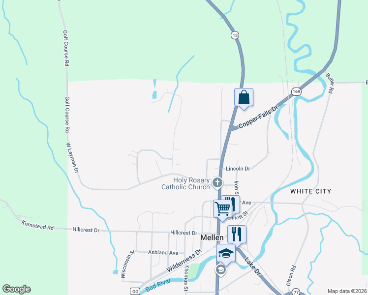 map of restaurants, bars, coffee shops, grocery stores, and more near 102 Ellias Place in Mellen