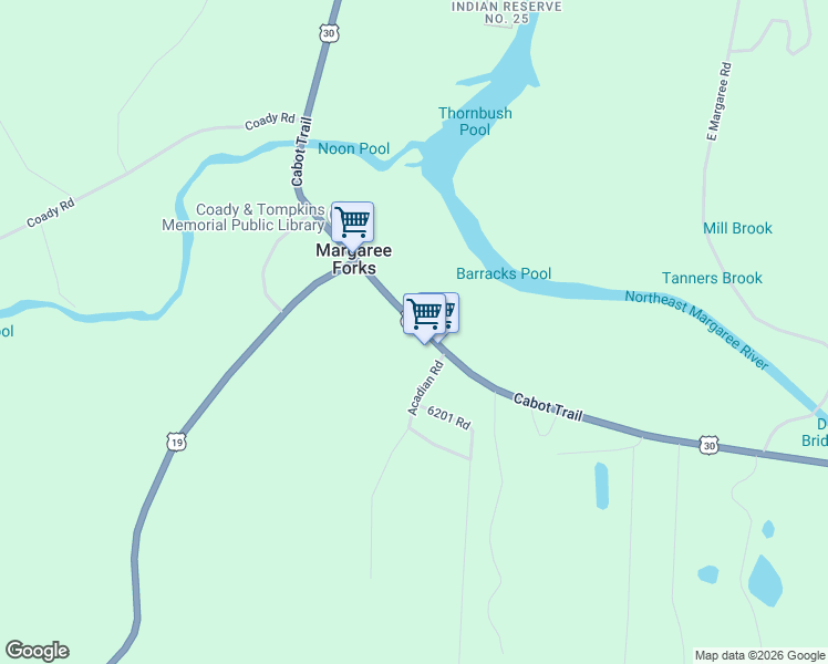 map of restaurants, bars, coffee shops, grocery stores, and more near 7883 Cabot Trail Road in Margaree Forks