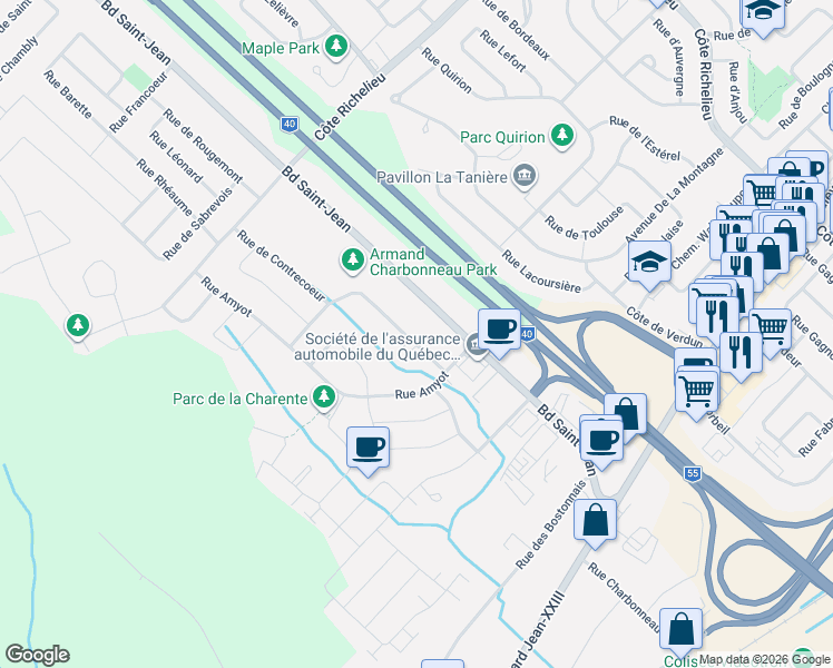 map of restaurants, bars, coffee shops, grocery stores, and more near 3310 Rue Maheu in Trois-Rivières