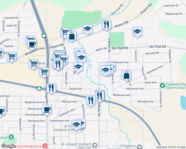 map of restaurants, bars, coffee shops, grocery stores, and more near 170 Chapleau Street in North Bay