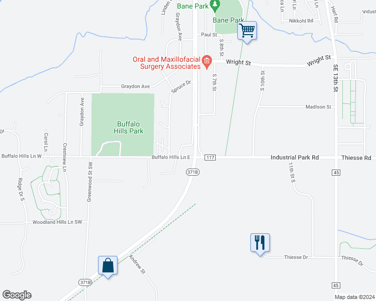 map of restaurants, bars, coffee shops, grocery stores, and more near 517 Buffalo Hills Lane East in Brainerd