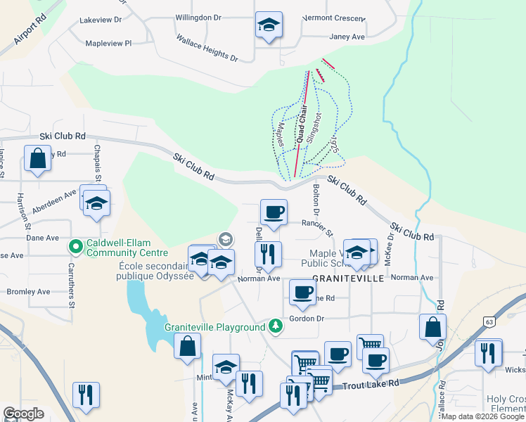 map of restaurants, bars, coffee shops, grocery stores, and more near 7 Packard Crescent in North Bay