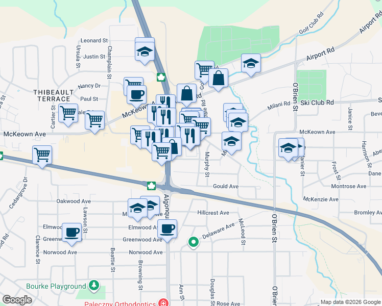 map of restaurants, bars, coffee shops, grocery stores, and more near 107 Shirreff Avenue in North Bay