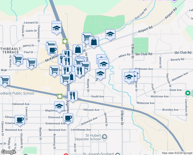 map of restaurants, bars, coffee shops, grocery stores, and more near 260 Park Avenue in North Bay