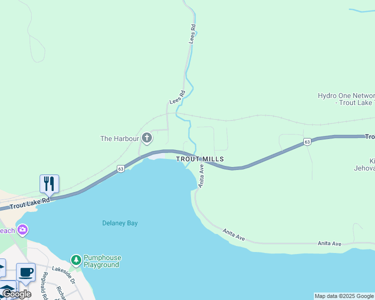map of restaurants, bars, coffee shops, grocery stores, and more near 3790 Trout Lake Road in North Bay