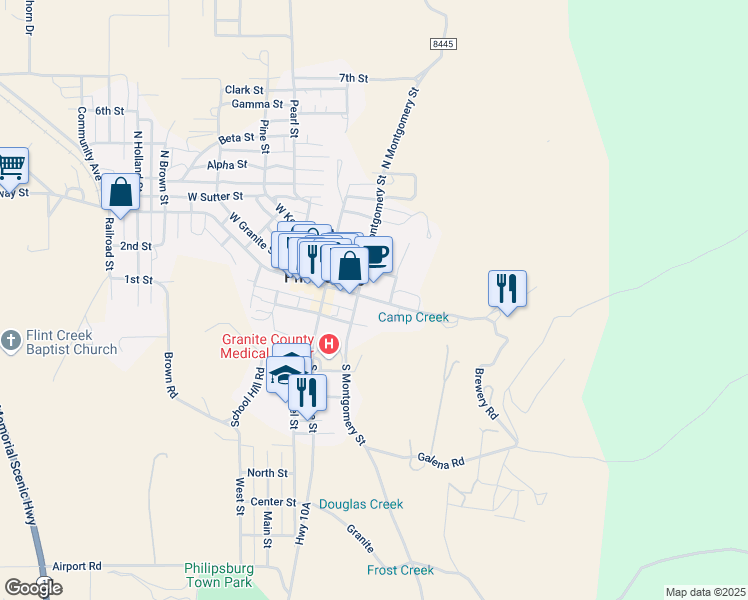 map of restaurants, bars, coffee shops, grocery stores, and more near 215 East Broadway Street in Philipsburg