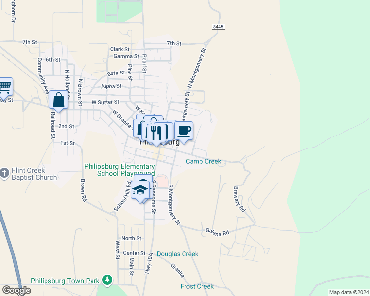 map of restaurants, bars, coffee shops, grocery stores, and more near 215-299 E Broadway St in Philipsburg