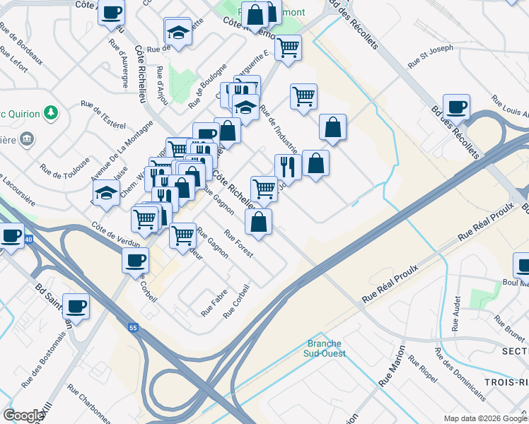 map of restaurants, bars, coffee shops, grocery stores, and more near 2770 Côte Richelieu in Trois-Rivières