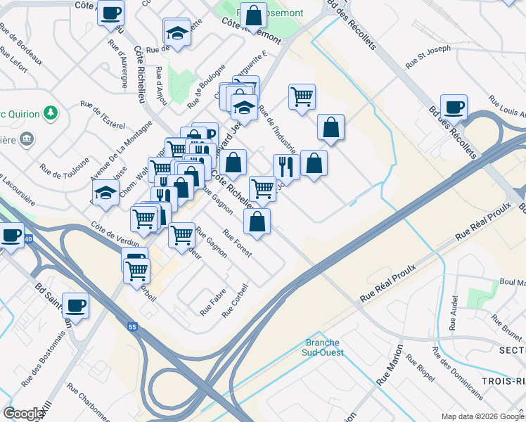 map of restaurants, bars, coffee shops, grocery stores, and more near 2770 Côte Richelieu in Trois-Rivières