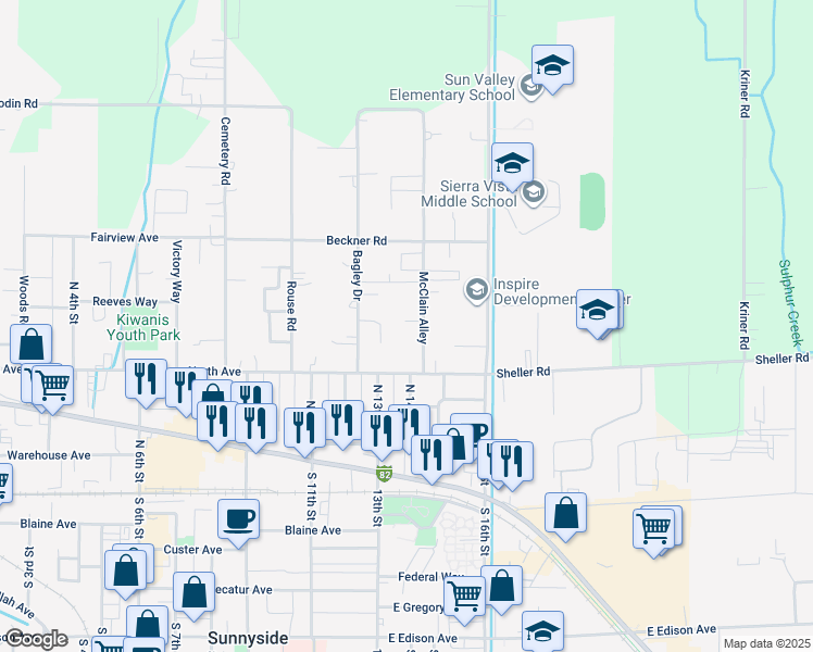 map of restaurants, bars, coffee shops, grocery stores, and more near 119 Hill Avenue in Sunnyside