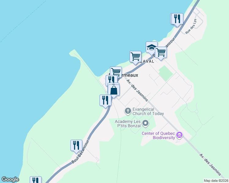 map of restaurants, bars, coffee shops, grocery stores, and more near 14825 Boulevard Bécancour in Bécancour