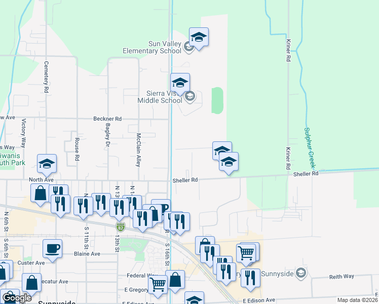 map of restaurants, bars, coffee shops, grocery stores, and more near 605 Sheller Ct in Sunnyside