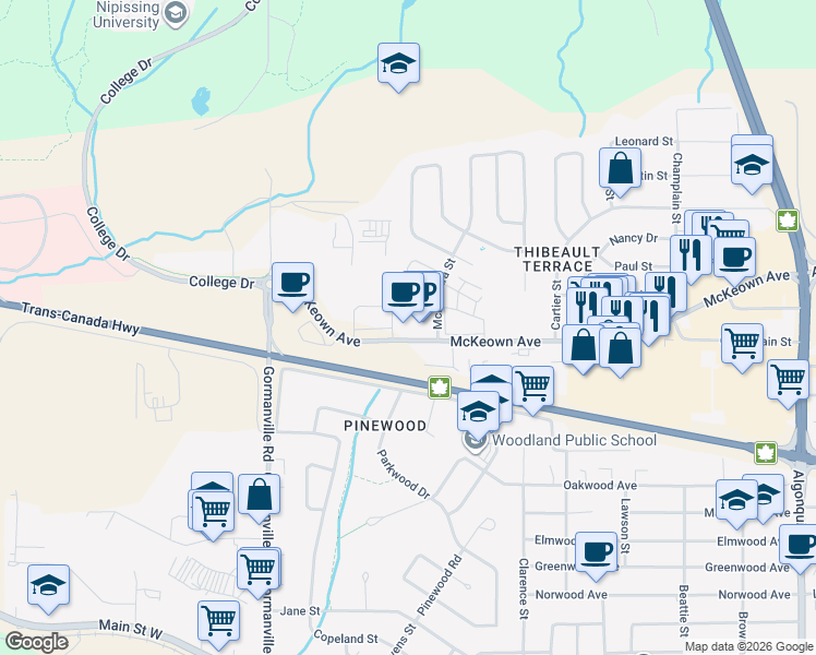 map of restaurants, bars, coffee shops, grocery stores, and more near 501 McKeown Avenue in North Bay