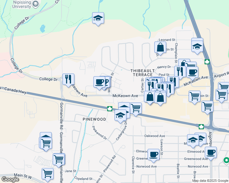 map of restaurants, bars, coffee shops, grocery stores, and more near 579 McKeown Avenue in North Bay