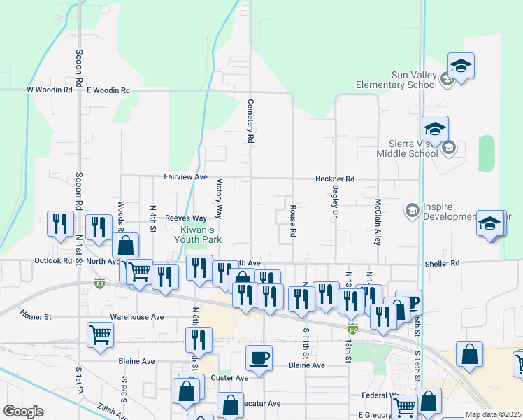 map of restaurants, bars, coffee shops, grocery stores, and more near 618 Cemetery Road in Sunnyside