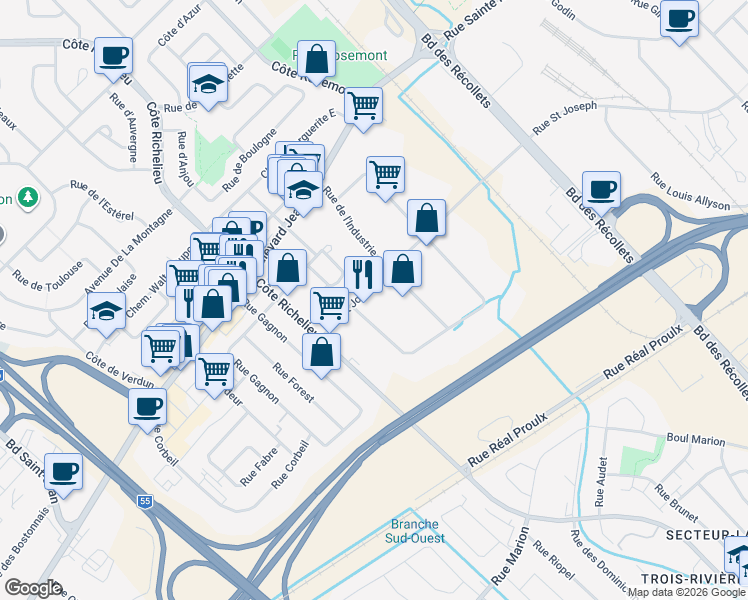 map of restaurants, bars, coffee shops, grocery stores, and more near 5350 Rue Saint Joseph in Trois-Rivières
