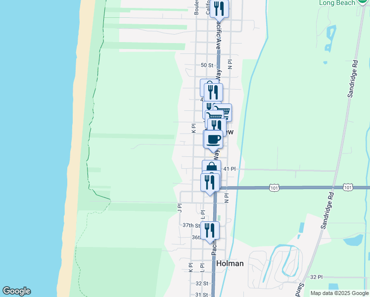 map of restaurants, bars, coffee shops, grocery stores, and more near 1008 43 Place in Seaview