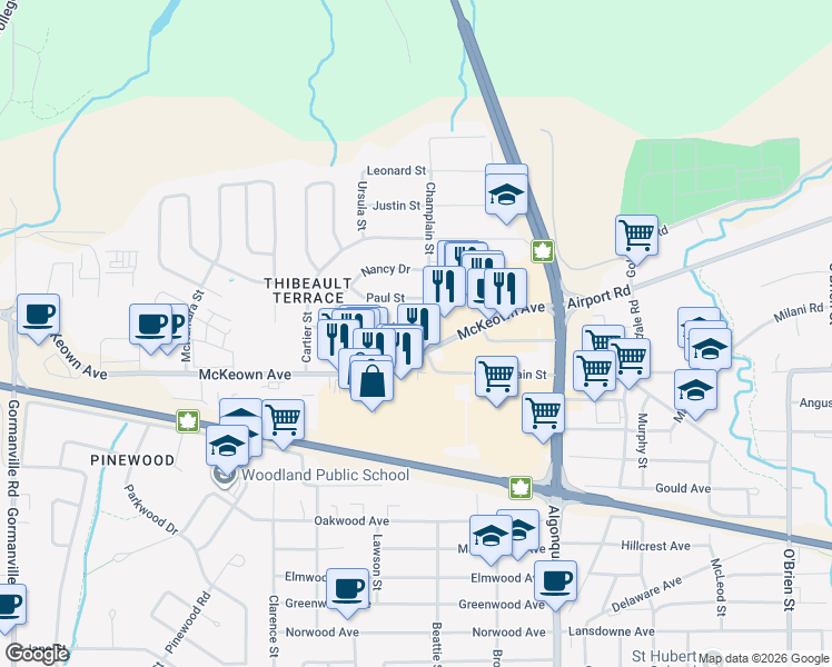 map of restaurants, bars, coffee shops, grocery stores, and more near 179 Champlain Street in North Bay