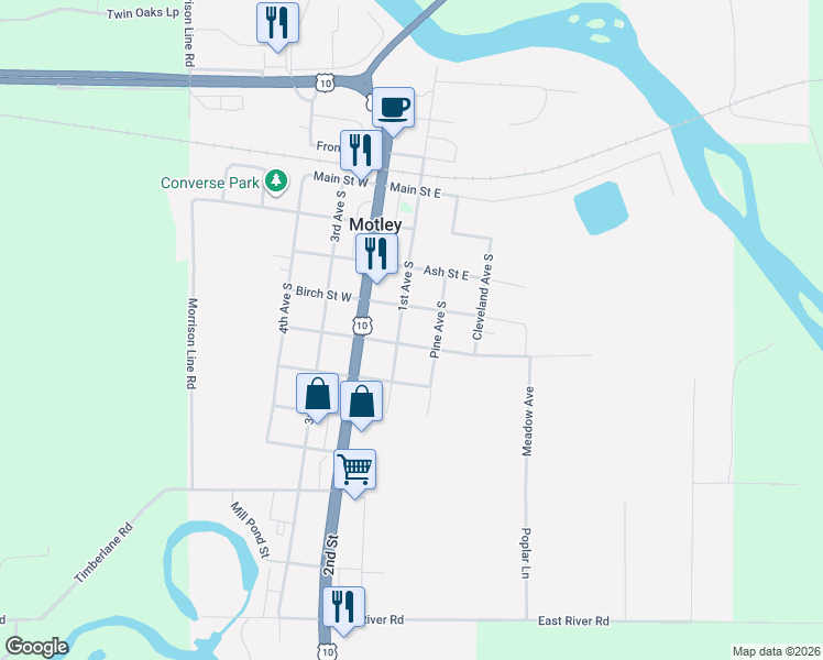map of restaurants, bars, coffee shops, grocery stores, and more near 65 Cedar Street West in Motley