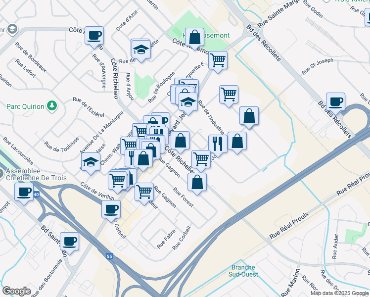map of restaurants, bars, coffee shops, grocery stores, and more near 5575 Rue Roland in Trois-Rivières