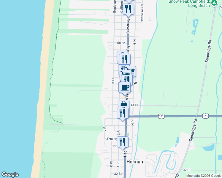 map of restaurants, bars, coffee shops, grocery stores, and more near 1008 43 Place in Seaview
