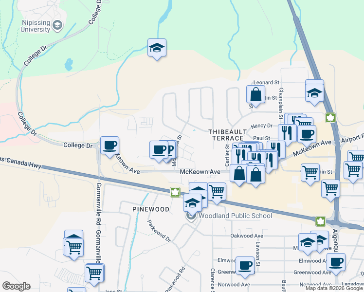 map of restaurants, bars, coffee shops, grocery stores, and more near 560 McNamara Street in North Bay
