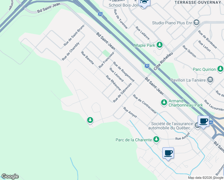 map of restaurants, bars, coffee shops, grocery stores, and more near 3900 Rue Maureault in Trois-Rivières