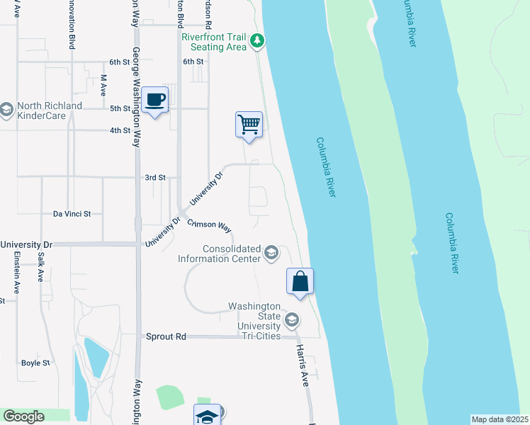 map of restaurants, bars, coffee shops, grocery stores, and more near 227 University Drive in Richland