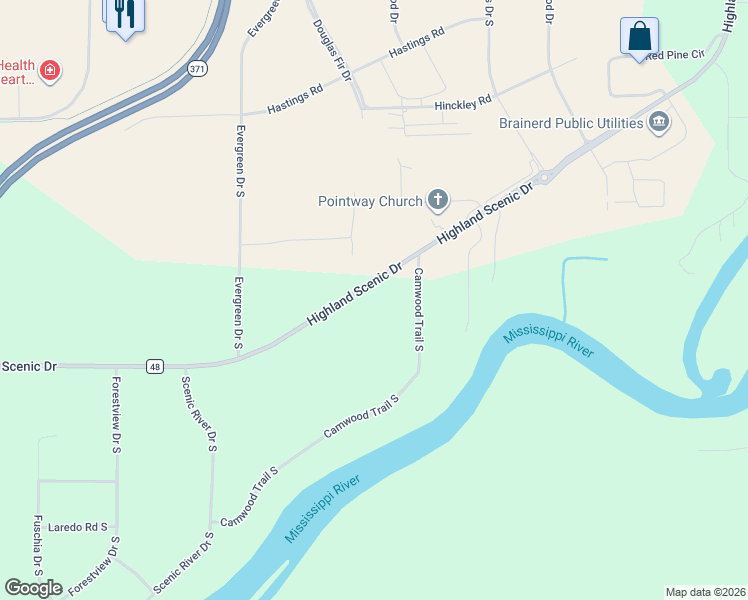 map of restaurants, bars, coffee shops, grocery stores, and more near 7652 Highland Scenic Road in Baxter