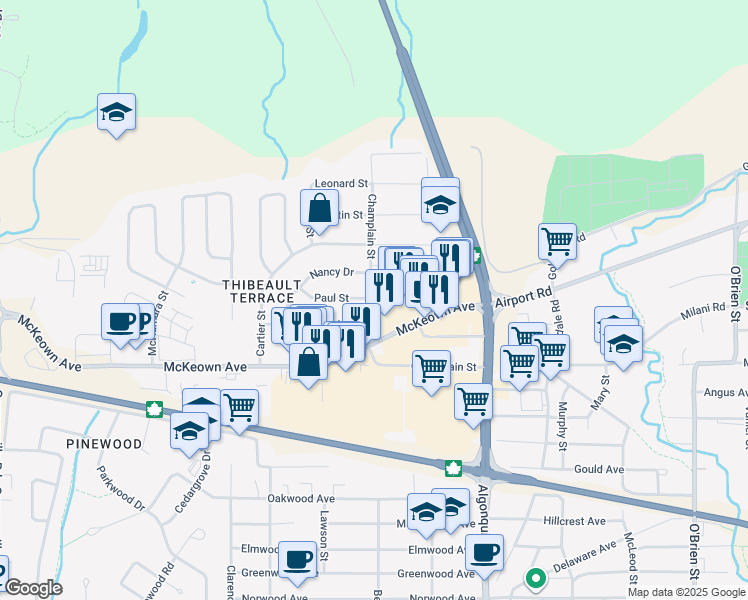 map of restaurants, bars, coffee shops, grocery stores, and more near 288 Champlain Street in North Bay