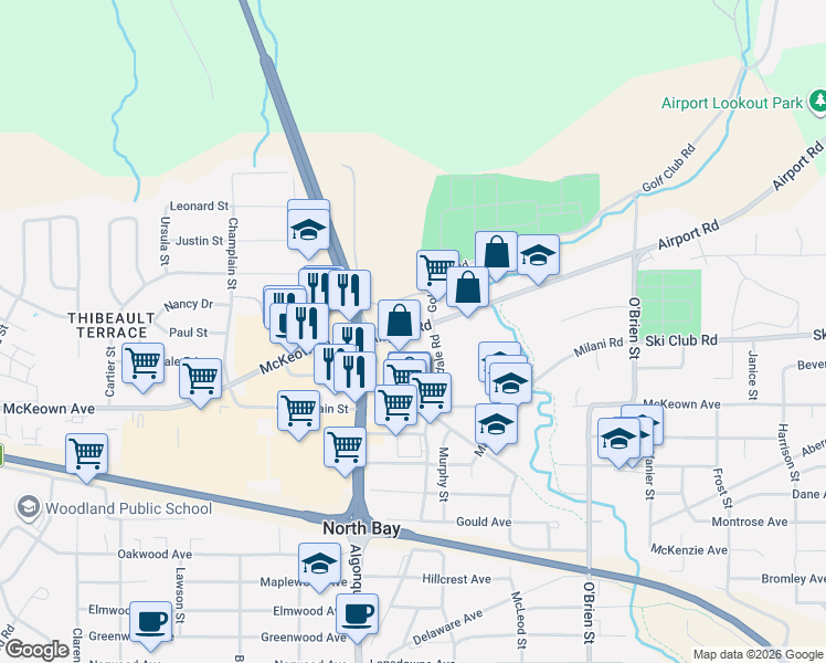 map of restaurants, bars, coffee shops, grocery stores, and more near 955 Stockdale Road in North Bay