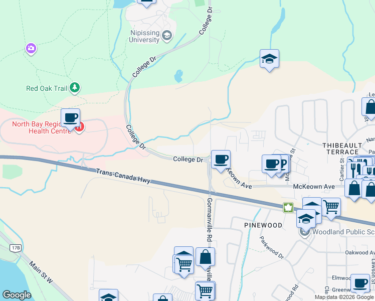 map of restaurants, bars, coffee shops, grocery stores, and more near 15 College Drive in North Bay