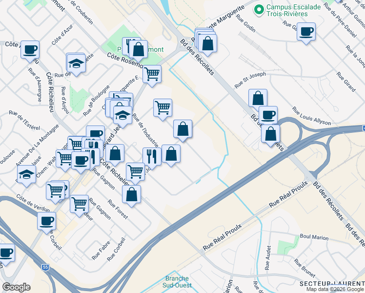 map of restaurants, bars, coffee shops, grocery stores, and more near 2300-2550 Rue de la Sidbec Sud in Trois-Rivières